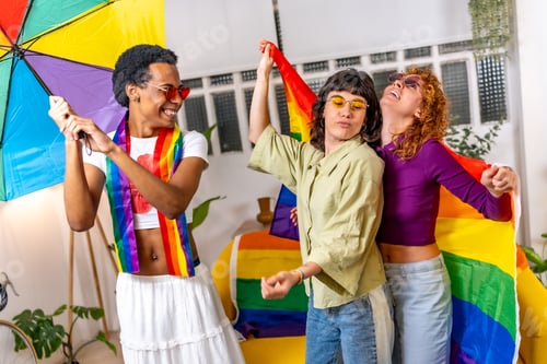 Preview: Friends having fun dancing and celebrating pride at home