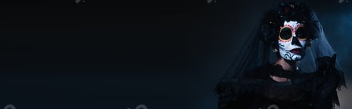 Preview: woman with creepy halloween makeup and veil on black and blue background, banner