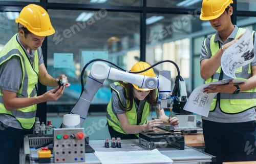 Preview: Trainees programing robotic arm in practical lesson at robotics academy, focusing on hands-on skills