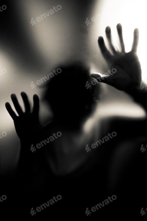 Preview: Scary picture of hands behind glass, horror ghost behind door, Halloween concept