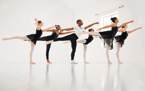 Preview: Shot of a group of ballet dancers practicing a routine in a dance studio