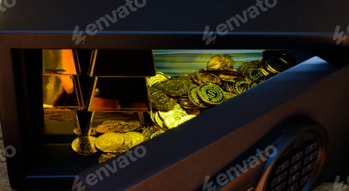 Preview: Hand open electronics steel safe box full of coins stack and gold bar