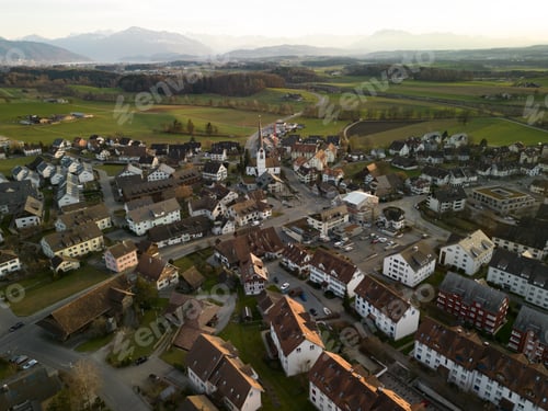 Preview: Aerial panorama view to lake Zug and Swiss Alps with Mettmenstetten, Switzerland