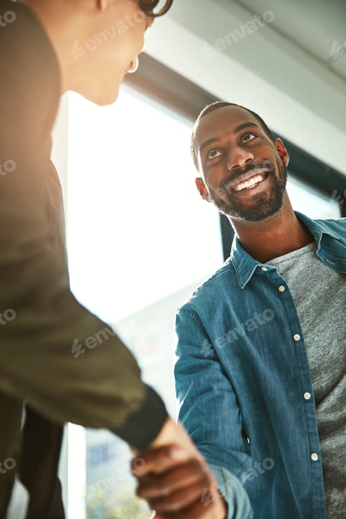 Preview: That seals the deal. Low angle shot of two young businessmen shaking hands in the office.