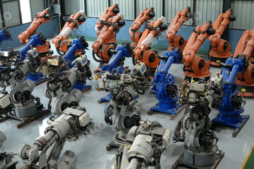 Preview: Robotics engineer working on maintenance of robotic arm in factory warehouse. Business technology.