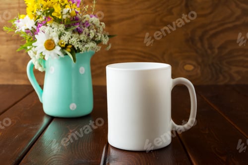 Preview: White coffee mug rustic mockup with wildflowers in mint green va