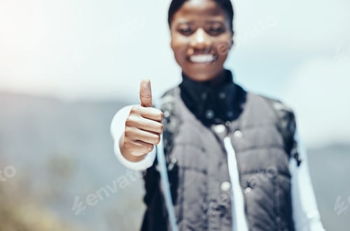 Preview: Thumbs up, hiking and woman travel success, motivation and support for outdoor adventure, happy exe