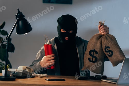 Preview: Terrorist in mask holding dynamite and money bags in room