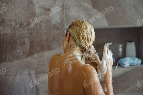 Preview: Rear on blonde Caucasian female washing hair in shower and cleaning with shampoo.