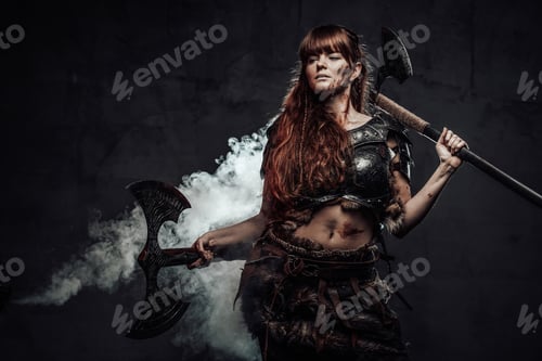Preview: Beautiful female fighter from nord with two axes in smoke