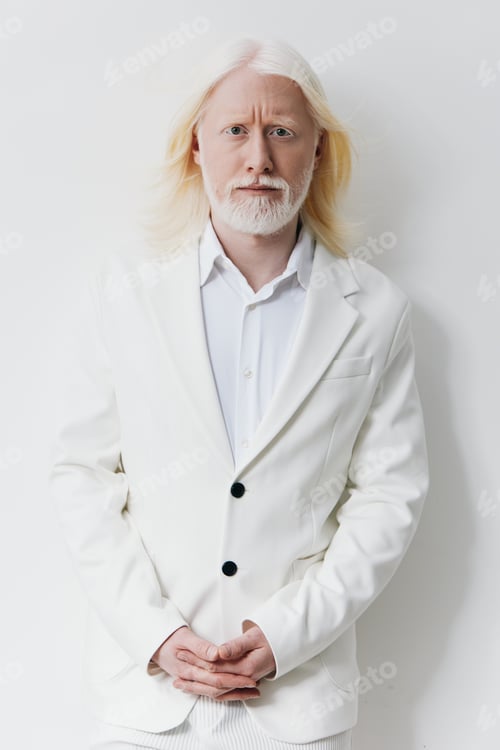 Preview: Elderly man with white hair and beard, dressed in a white suit, standing against a light background