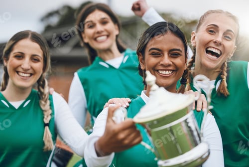 Preview: Sports women, team and trophy for success in portrait, celebration or winning competition on field.