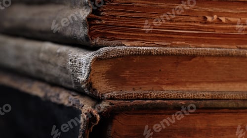 Preview: Aged Book Spines In Macro. Vintage Texture, Timeworn Details. Frayed edges pages