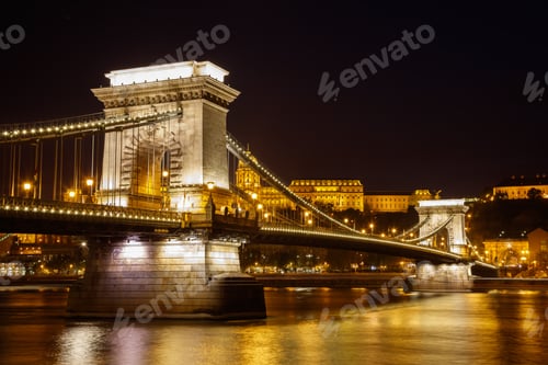 Preview: Cain Bridge illuminated at night, Budapest Hungary.
