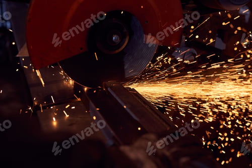 Preview: Metal sawing. Hot sparks at grinding steel material.