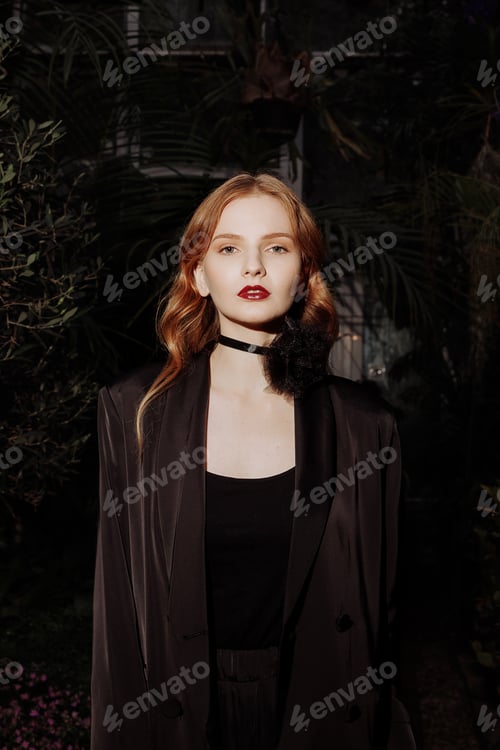 Preview: Female model illuminated by a light source against a background of foliage