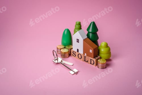 Preview: A small wooden house and the inscription sold. Concept for sale, rental of real estate for a family