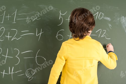 Preview: Back view of schoolboy writing with chalk on blackboard