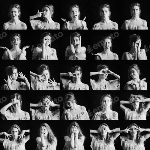 Preview: Collage Of Black And White Photos Of Woman Different Facial Expressions