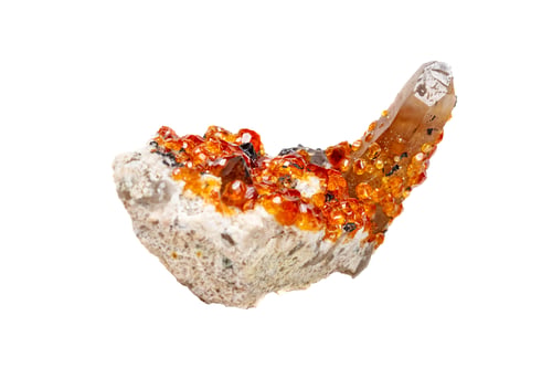 Preview: Spessartine mineral stone, orange, red garnet with quartz on white background