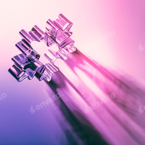 Preview: Christmas cutter as snowflake on neon pink and blue rays. Creative Xmas pattern. Square image.