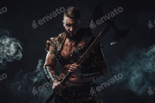 Preview: Viking seafarer in armour with fur holding two handed axe