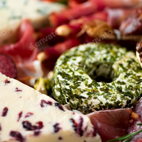Preview: Traditional italian antipasto, cutting board with salami, cold smoked meat, prosciutto, ham, cheeses