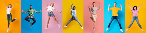 Preview: Diverse Overjoyed Young People Jumping On Colorful Backgrounds