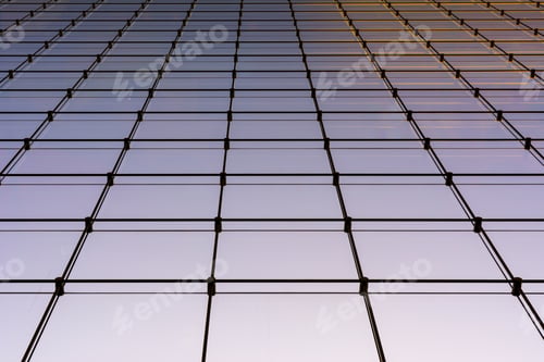 Preview: wall of glass, office building, windows framed with metal, vivid colors blue, magenta and orange