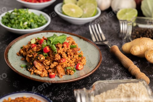 Preview: Spicy minced pork salad with chili flakes, lime, chopped green onions, chilli and roasted rice.