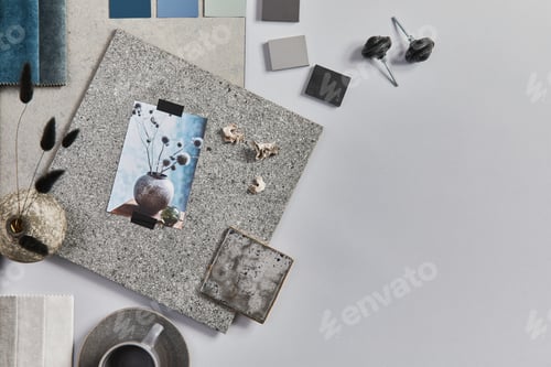 Preview: Flat lay of creative architect moodboard composition