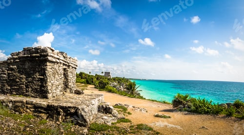 Preview: Panoramic view of Mayan ruins and Caribbean sea - Tulum, Mexico