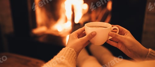 Preview: Woman drinkink hot cocoa sitting by the fire in front of cozy fireplace.