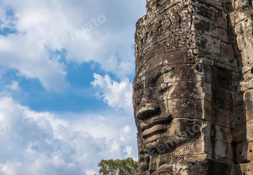 Preview: Closeup the Stone face of Ancient Bayon Temple at Angkor Thom. Siem Reap, Cambodia