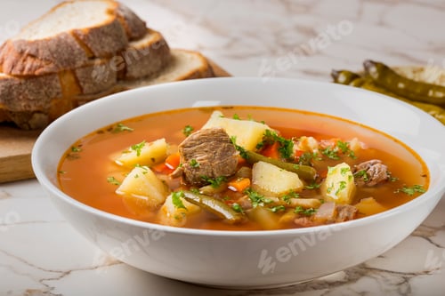 Preview: Bowl of vegetable beef soup with sliced bread and hot chilli peppers