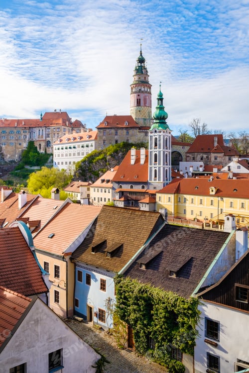 Preview: Top view on the green and small houses in old town in Cesky Krumlov, Czech Republic
