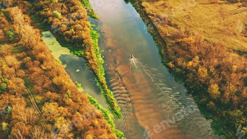 Preview: 4K Aerial View Of Old Boat Floating In River Autumn Landscape. Top View Of Beautiful European Nature