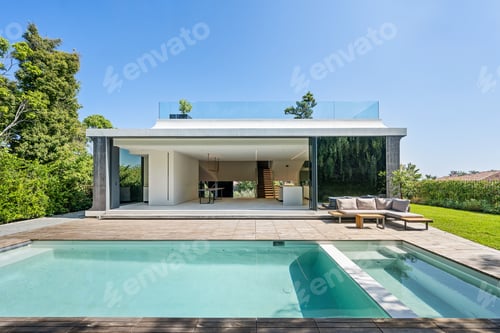 Preview: the home is surrounded by greenery and modern architecture,
