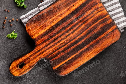 Preview: Wooden cutting board for food empty background spices and herbs fresh gourmet food