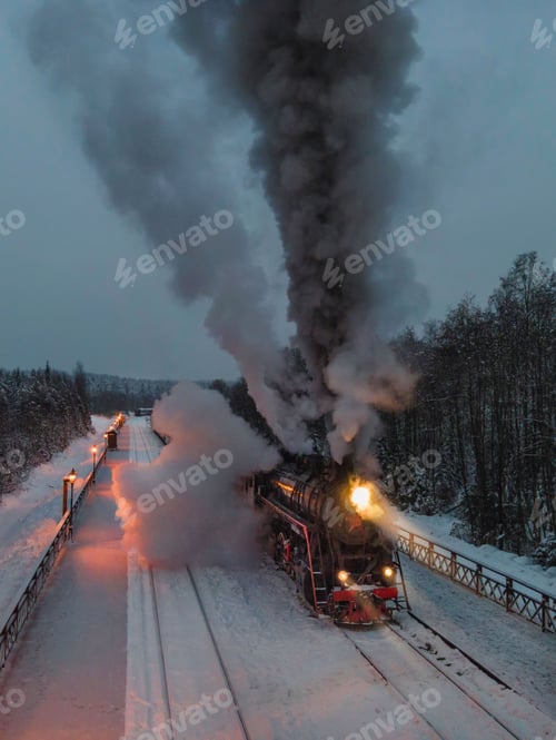 Preview: Vertical shot of a train riding in the forest in winter