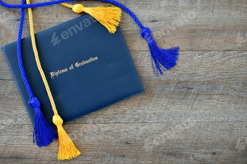 Preview: Flat lay of a Diploma of Graduation with honor cords on a simple wooden background.