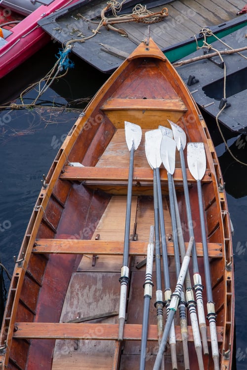 Preview: Wooden rowing boat for hire, moored on the River Thames, London, England