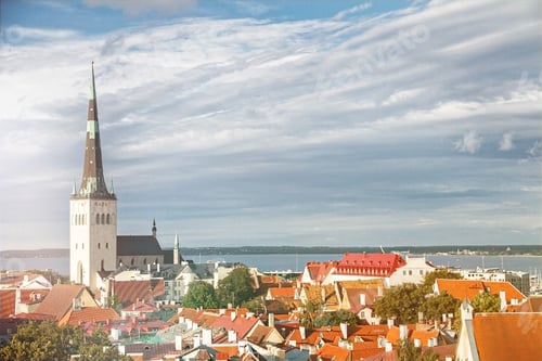Preview: View of Tallinn Old Town, Baltic Sea and St. Olaf in a summer day, Estonia