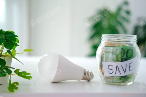 Preview: Saving energy and money concept. LED lamp and piggy bank with euro money.