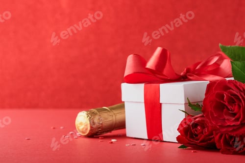Preview: Valentines Day or Romantic dinner concept. Romantic table setting, silverware, wine glasses, gift bo