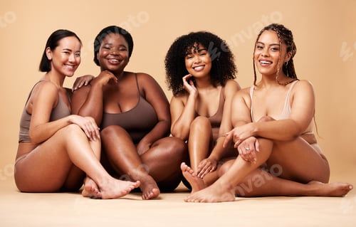 Preview: Diversity women, portrait and natural body and skin of group together for inclusion, beauty and pow