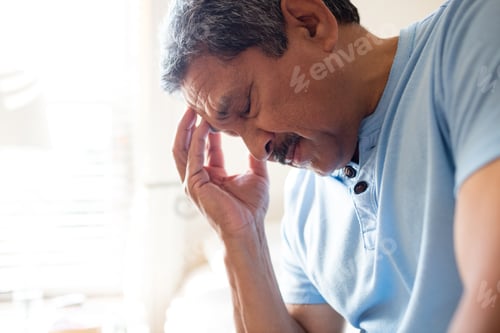 Preview: Tensed senior man sitting with hand on forehead in bedroom