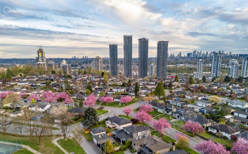 Preview: Urban Landscape With Blossoming Trees and Modern Skyscrapers in Burnaby, BC, Canada
