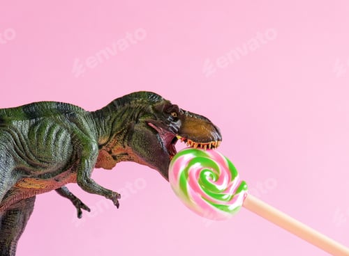Preview: Cute green dinosaur holding a big lollipop on a pink background. Copy space.