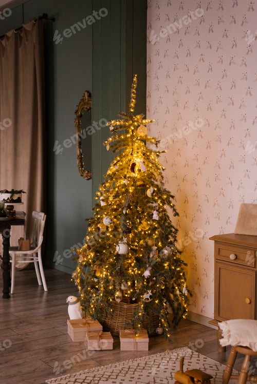Preview: Christmas tree with lights in the living room in Scandinavian style